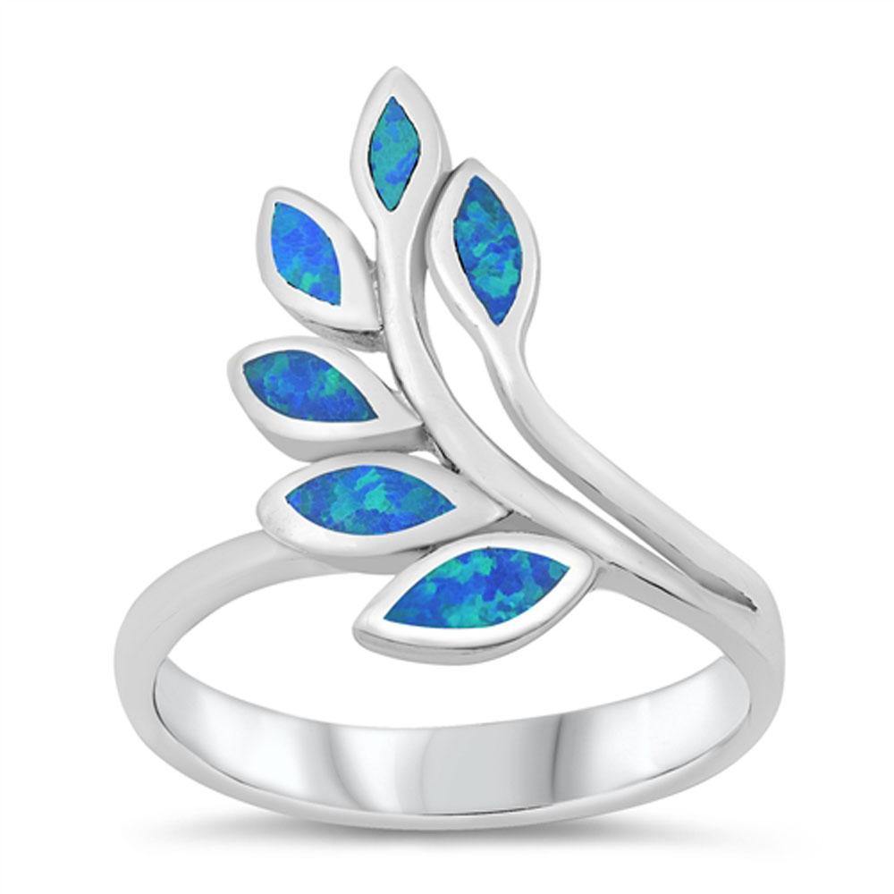 Sterling Silver Rhodium Plated Blue Lab Opal Leaves Ring - silverdepot