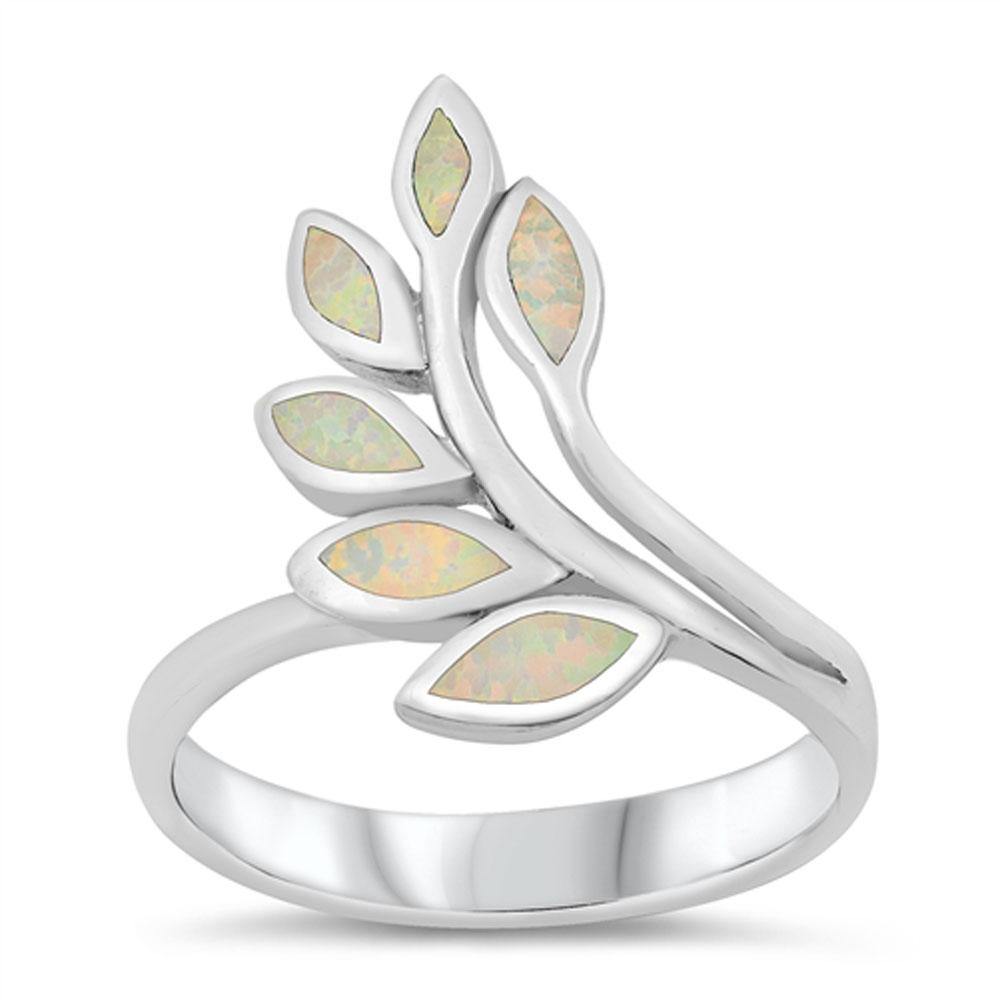 Sterling Silver Rhodium Plated White Lab Opal Leaves Ring - silverdepot