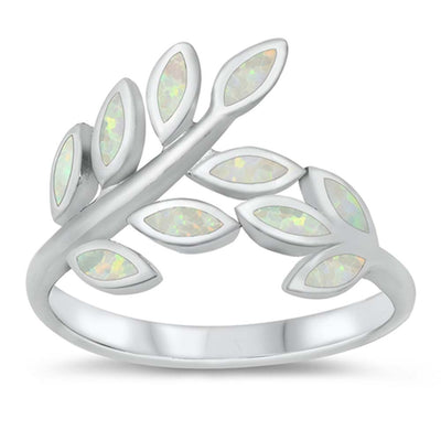 Sterling Silver Leaves White Lab Opal Ring