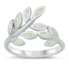 Sterling Silver Leaves White Lab Opal Ring