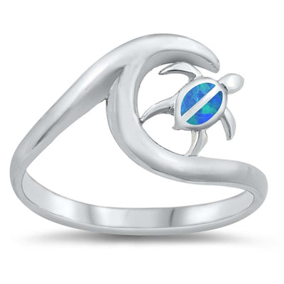 Sterling Silver Turtle and Wave Blue Lab Opal Ring