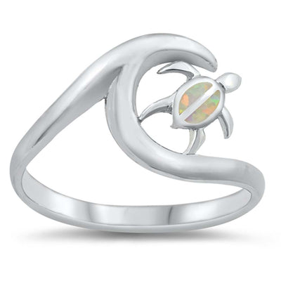 Sterling Silver Turtle and Wave White Lab Opal Ring