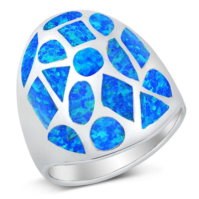 Sterling Silver Rhodium Plated Blue Lab Opal Ring - silverdepot
