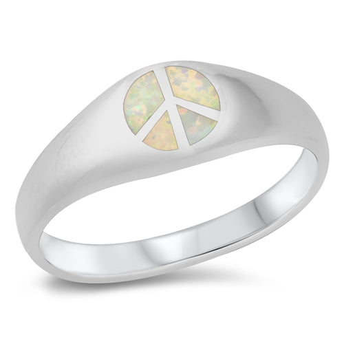 Sterling Silver Peace Sign White Lab Opal Ring