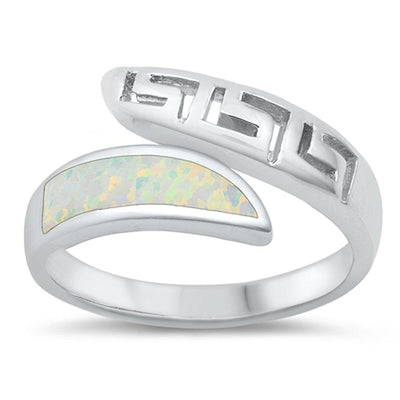 Sterling Silver Rhodium Plated White Lab Opal Meander Ring - silverdepot