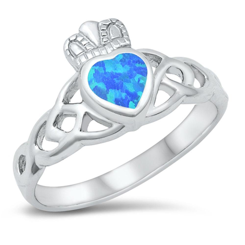 Sterling Silver Rhodium Plated Blue Lab Opal Claddagh Ring - silverdepot