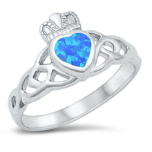 Load image into Gallery viewer, Sterling Silver Rhodium Plated Blue Lab Opal Claddagh Ring - silverdepot