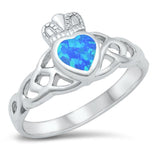 Sterling Silver Rhodium Plated Blue Lab Opal Claddagh Ring