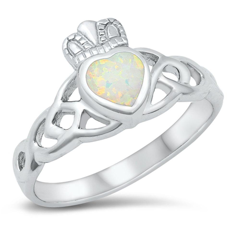 Sterling Silver Rhodium Plated White Lab Opal Claddagh Ring - silverdepot