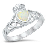 Sterling Silver Rhodium Plated White Lab Opal Claddagh Ring