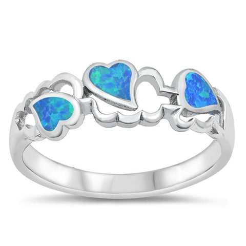 Sterling Silver Rhodium Plated Blue Lab Opal Hearts Ring