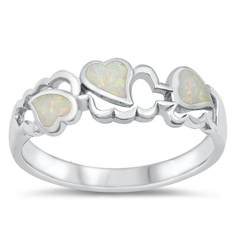 Sterling Silver Rhodium Plated White Lab Opal Hearts Ring