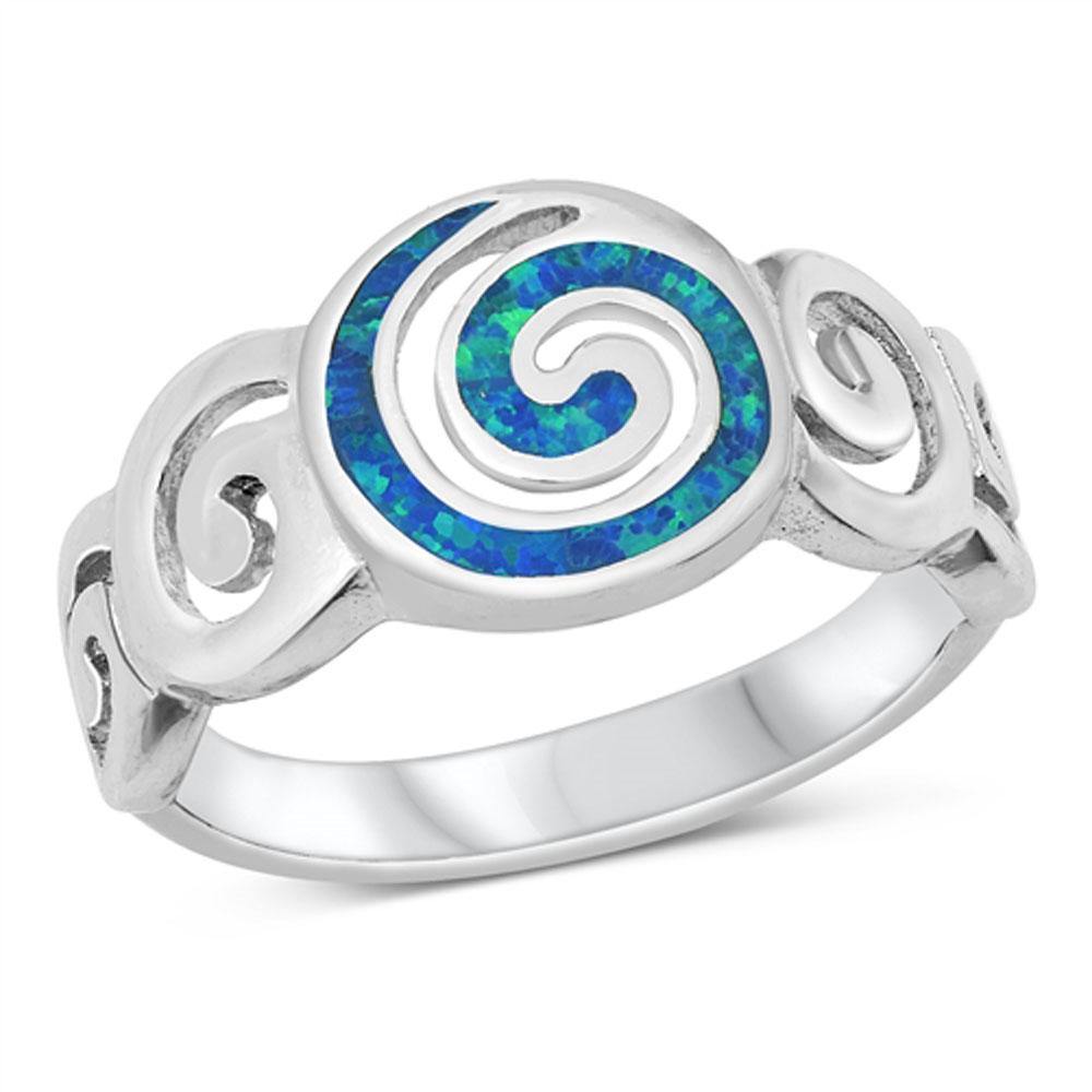 Sterling Silver Rhodium Plated Blue Lab Opal Spirals Ring - silverdepot