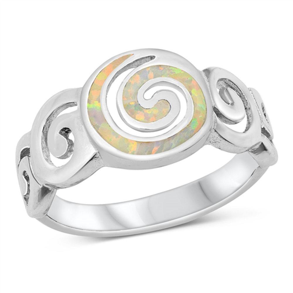 Sterling Silver Rhodium Plated White Lab Opal Spirals Ring - silverdepot