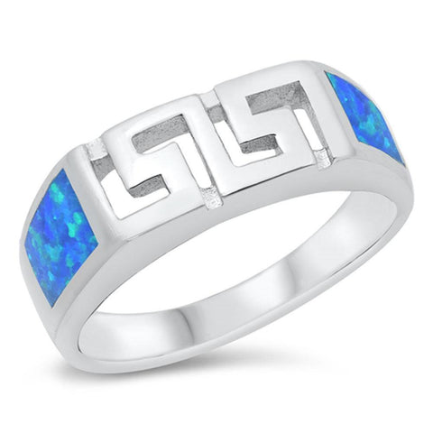 Sterling Silver Rhodium Plated Blue Lab Opal Aztec Ring
