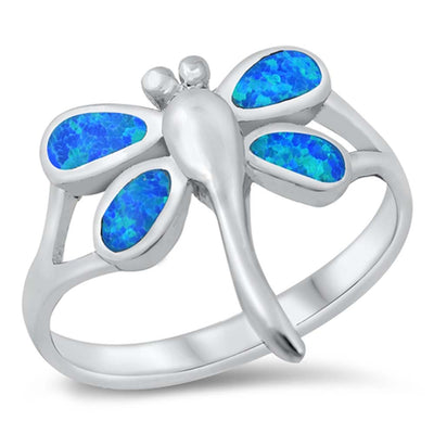 Sterling Silver Dragonfly Blue Lab Opal Ring