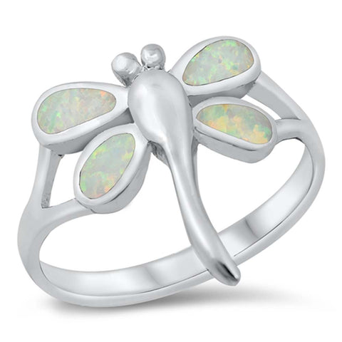 Sterling Silver Dragonfly White Lab Opal Ring