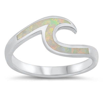 Sterling Silver Wave White Lab Opal Ring