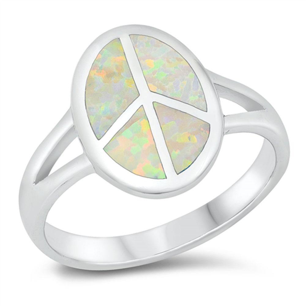 Sterling Silver White Lab Opal Peace Sign Ring - silverdepot