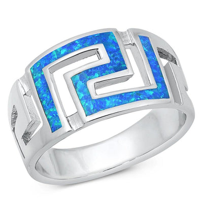 Sterling Silver Rhodium Plated Blue Lab Opal Aztec Ring - silverdepot