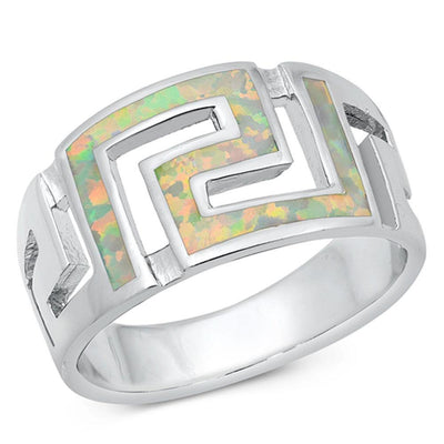 Sterling Silver Rhodium Plated White Lab Opal Aztec Ring - silverdepot