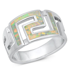 Sterling Silver Rhodium Plated White Lab Opal Aztec Ring