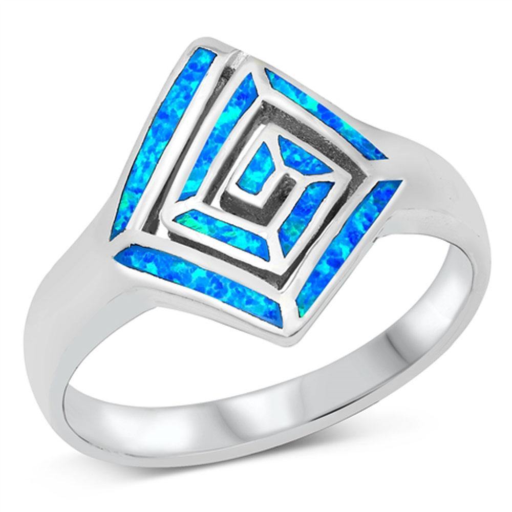 Sterling Silver Rhodium Plated Blue Lab Opal Meander Ring - silverdepot