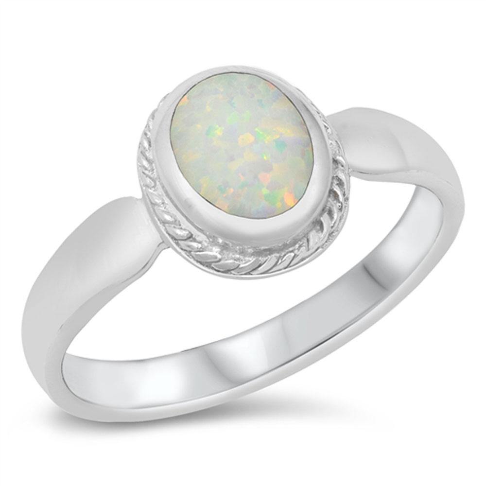 Sterling Silver Rhodium Plated White Lab Opal Ring - silverdepot