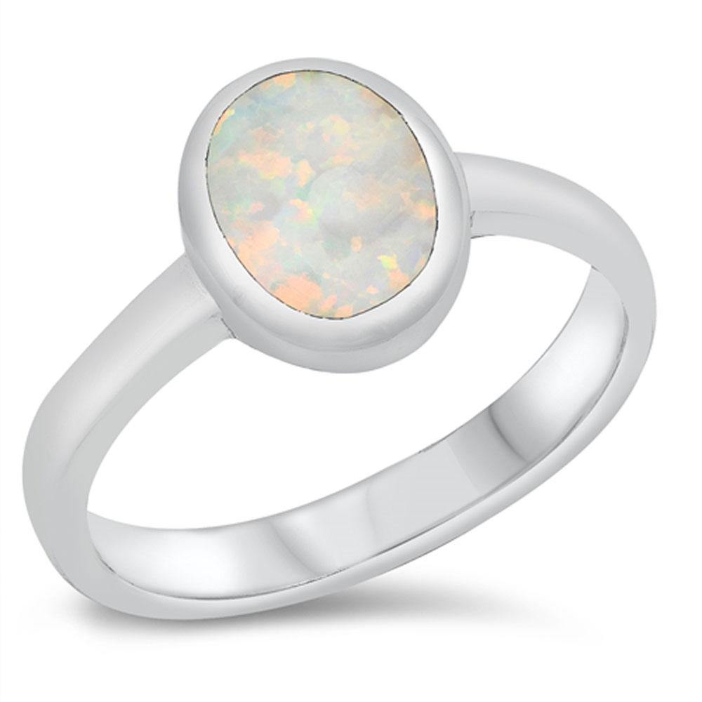 Sterling Silver Rhodium Plated White Lab Opal Oval Ring - silverdepot