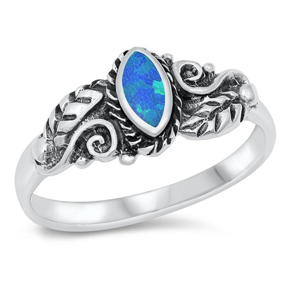 Sterling Silver Oxidized Blue Lab Opal Leaves and Vines CZ Ring - silverdepot