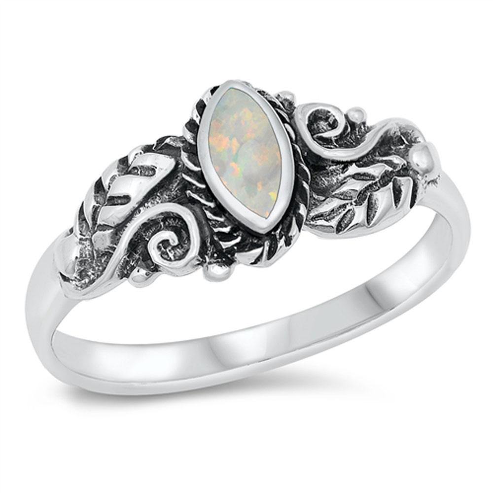 Sterling Silver Oxidized White Lab Opal Leaves and Vines CZ Ring - silverdepot