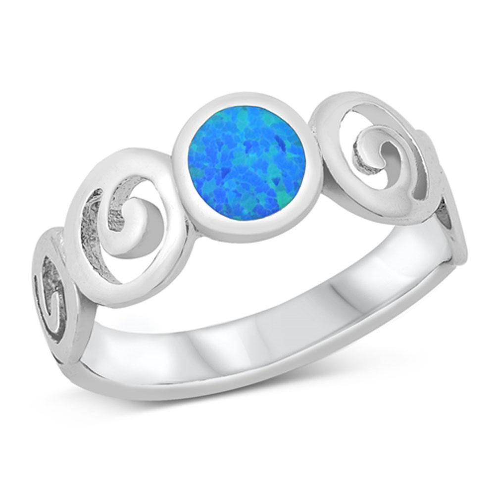 Sterling Silver Rhodium Plated Blue Lab Opal Spirals Band CZ Ring - silverdepot