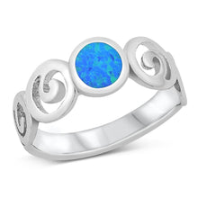 Load image into Gallery viewer, Sterling Silver Rhodium Plated Blue Lab Opal Spirals Band CZ Ring - silverdepot