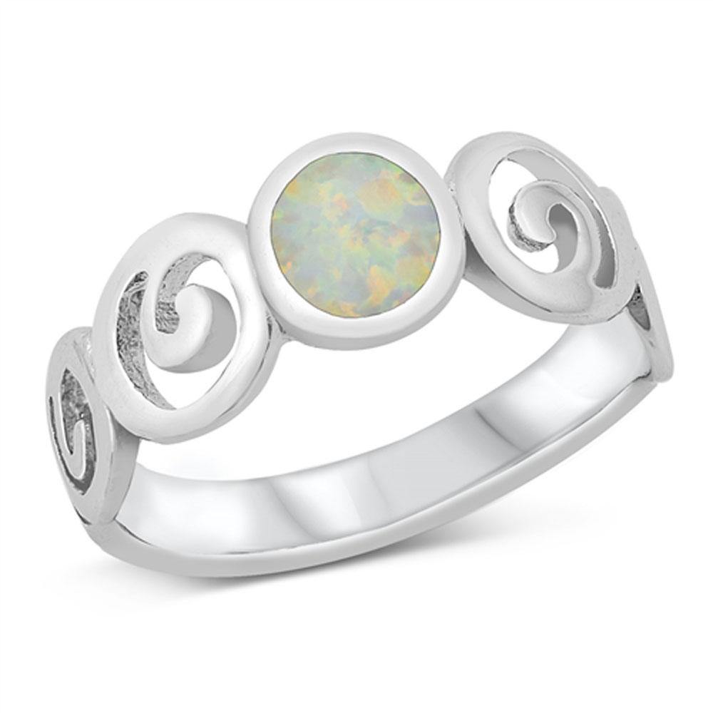 Sterling Silver Rhodium Plated White Lab Opal Spirals Band CZ Ring - silverdepot