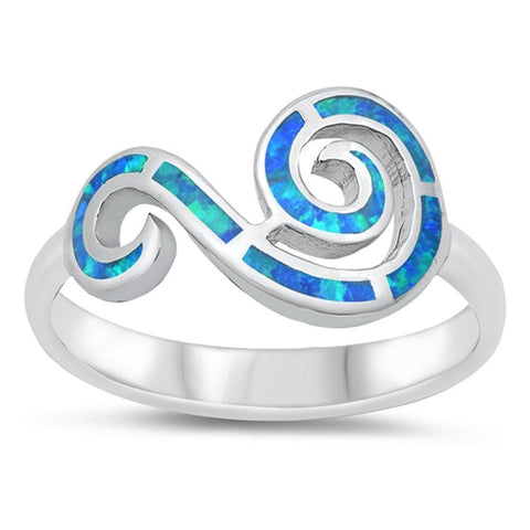 Sterling Silver Rhodium Plated Blue Lab Opal Wind Symbol Ring