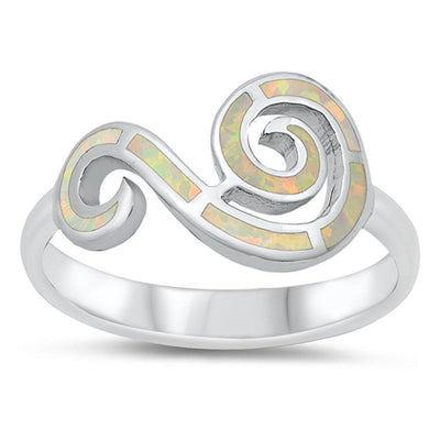Sterling Silver Rhodium Plated White Lab Opal Wind Symbol Ring - silverdepot