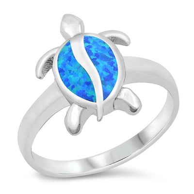 Sterling Silver Rhodium Plated Blue Lab Opal Turtle CZ Ring - silverdepot