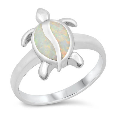 Sterling Silver Rhodium Plated White Lab Opal Turtle CZ Ring - silverdepot