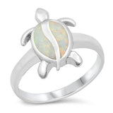 Sterling Silver Rhodium Plated White Lab Opal Turtle CZ Ring