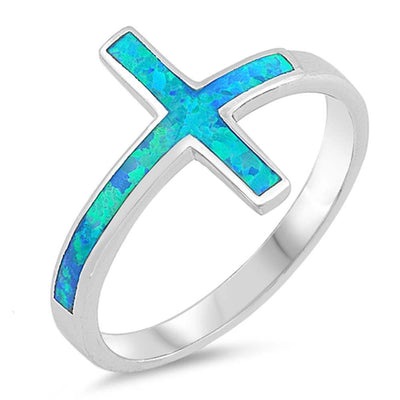 Sterling Silver Sideways Cross Blue Lab Opal RingsAnd Face Height 14mm