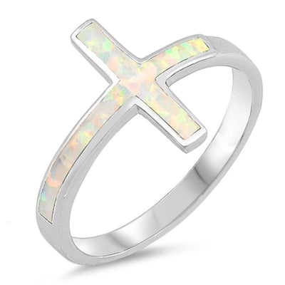 Sterling Silver Sideways Cross White Lab Opal RingsAnd Face Height 14mm