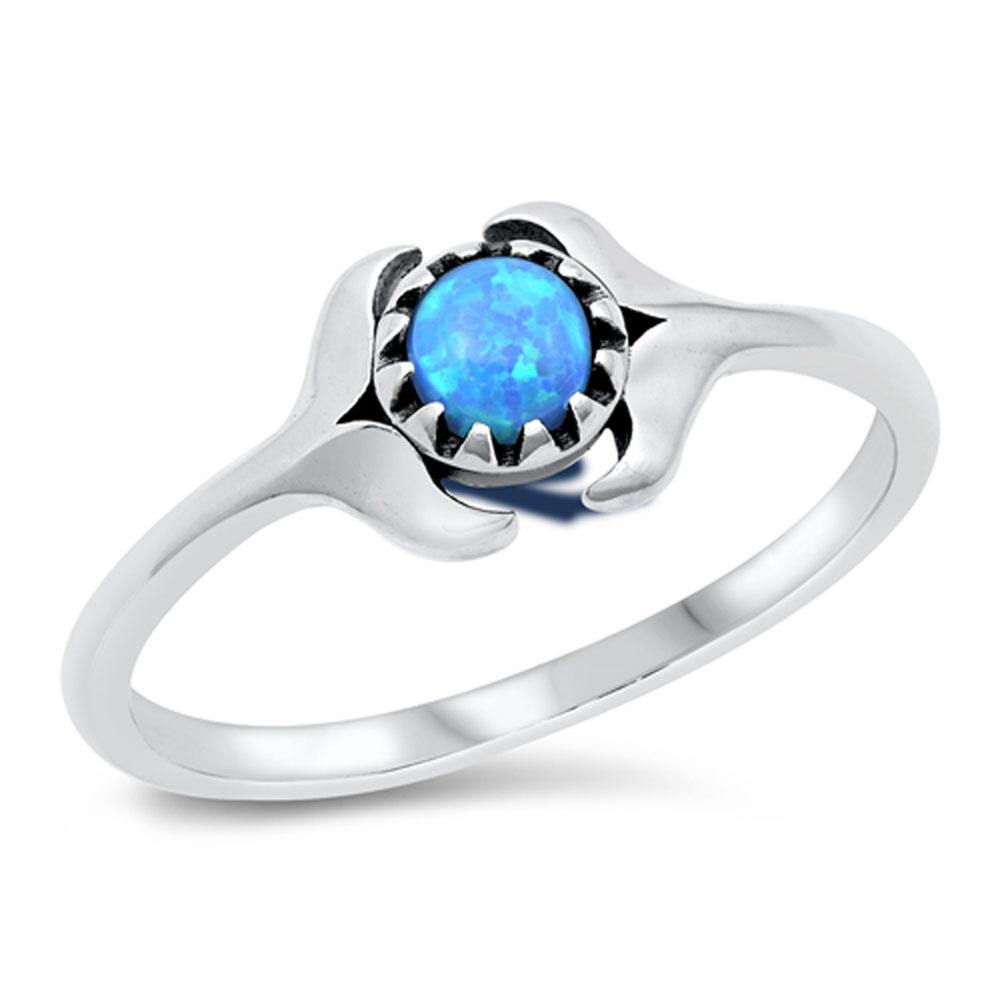 Sterling Silver Rhodium Plated Blue Lab Opal Double Whale Tail Ring - silverdepot