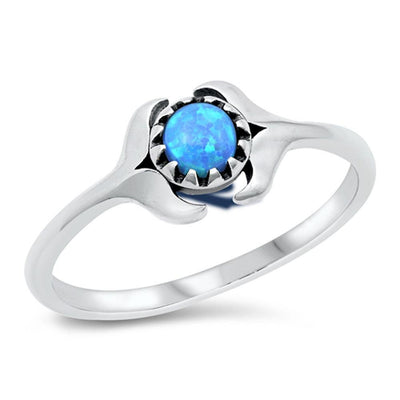 Sterling Silver Rhodium Plated Blue Lab Opal Double Whale Tail Ring - silverdepot