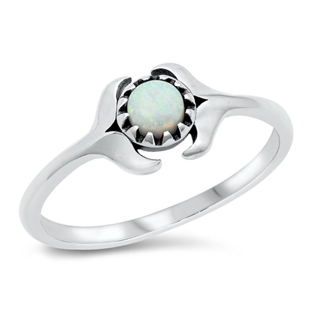 Sterling Silver Rhodium Plated White Lab Opal Double Whale Tail Ring - silverdepot