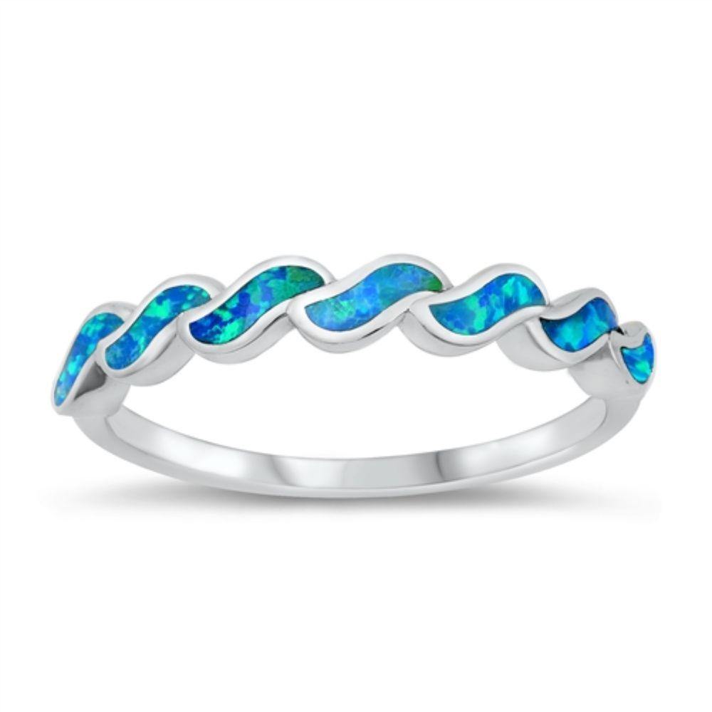 Sterling Silver Rhodium Plated Lab Blue Opal CZ Ring
