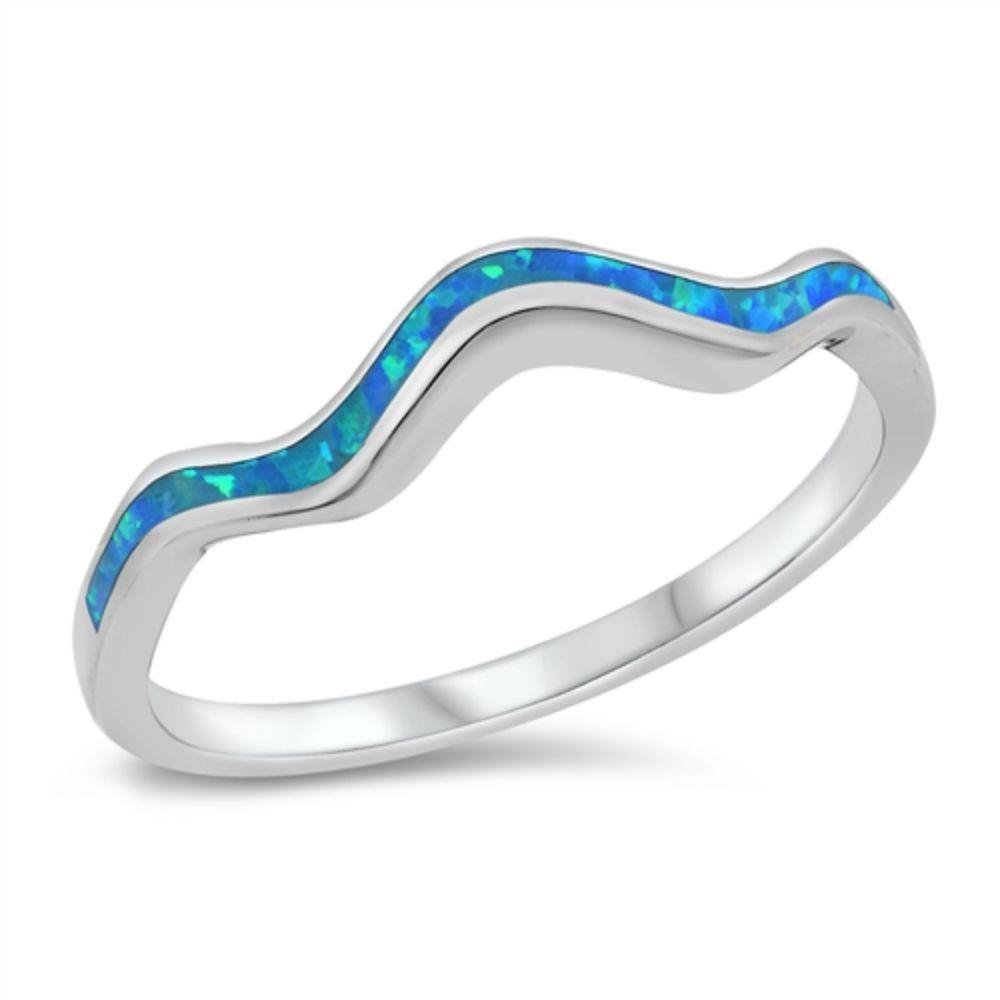 Sterling Silver Rhodium Plated Squiggle Lab Blue Opal CZ Ring - silverdepot