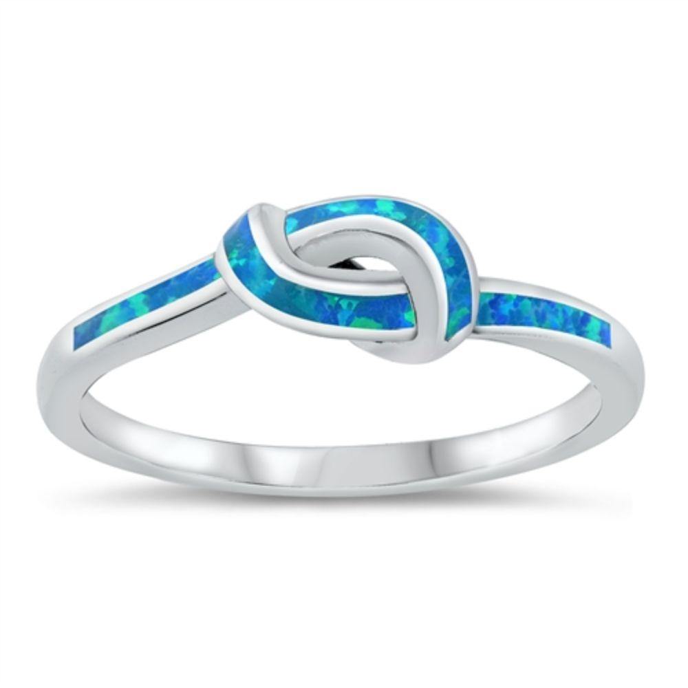 Sterling Silver Rhodium Plated Lab Knot Blue Opal CZ Ring - silverdepot