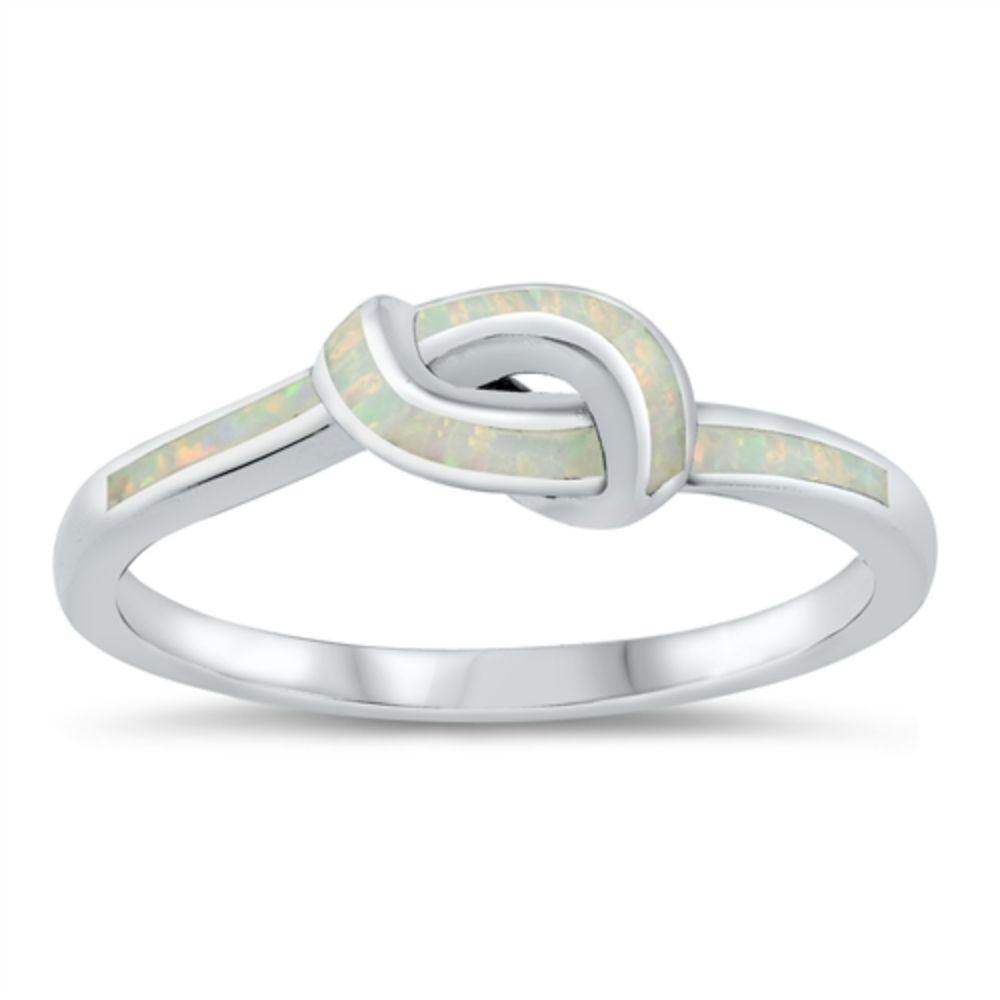 Sterling Silver Rhodium Plated Lab Knot White Opal CZ Ring - silverdepot