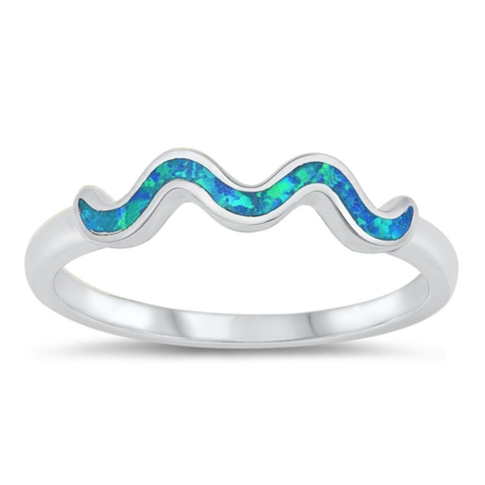 Sterling Silver Rhodium Plated Squiggle Lab Blue Opal CZ Ring - silverdepot