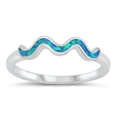 Sterling Silver Rhodium Plated Squiggle Lab Blue Opal CZ Ring - silverdepot